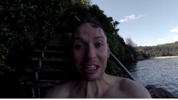 The last frame of the YouTube clip after the jumper crawls out of the water.
