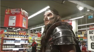 At one point the Lord Of the Rings orc scared a couple of girls from behind the shop window.