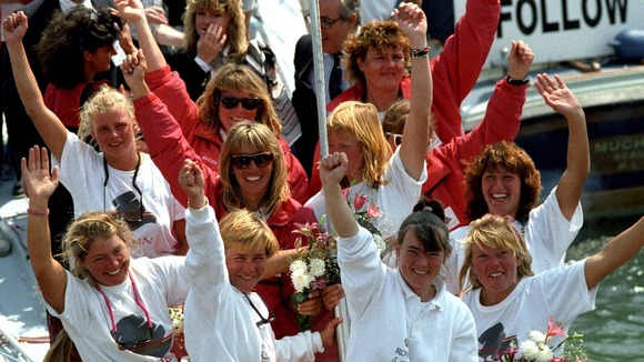 The jubilant crew of Maiden in 1990 with skipper Tracy Edwards (third from left in the front).