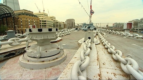 Chains on the deck of the ship.