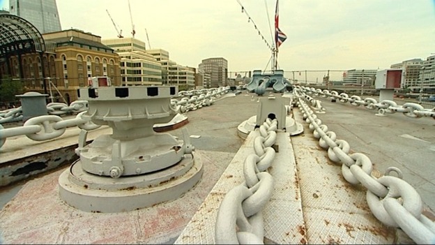 Chains on the deck of the ship.