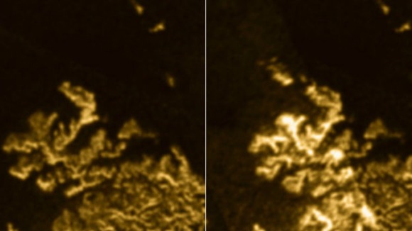 Titan sea Ligeia Mare sports its usual coastline in the image on the left, while the image on the right shows a mysteriously bright object.