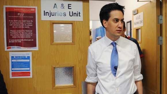 Ed Miliband visiting a hospital in east London.