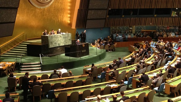 The scene inside the United Nations during the special UN General Assembly session on Syria