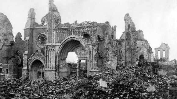 The ruined cathedral of Ypres in Belgium pictured in 1914.