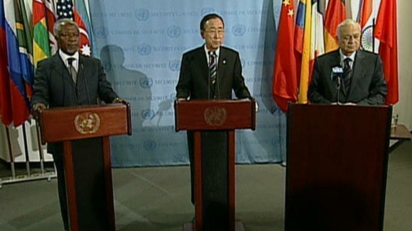 UN envoy Kofi Annan, UN Security General Ban Ki-moon, and Arab League Secretary General Nabil al-Arabi
