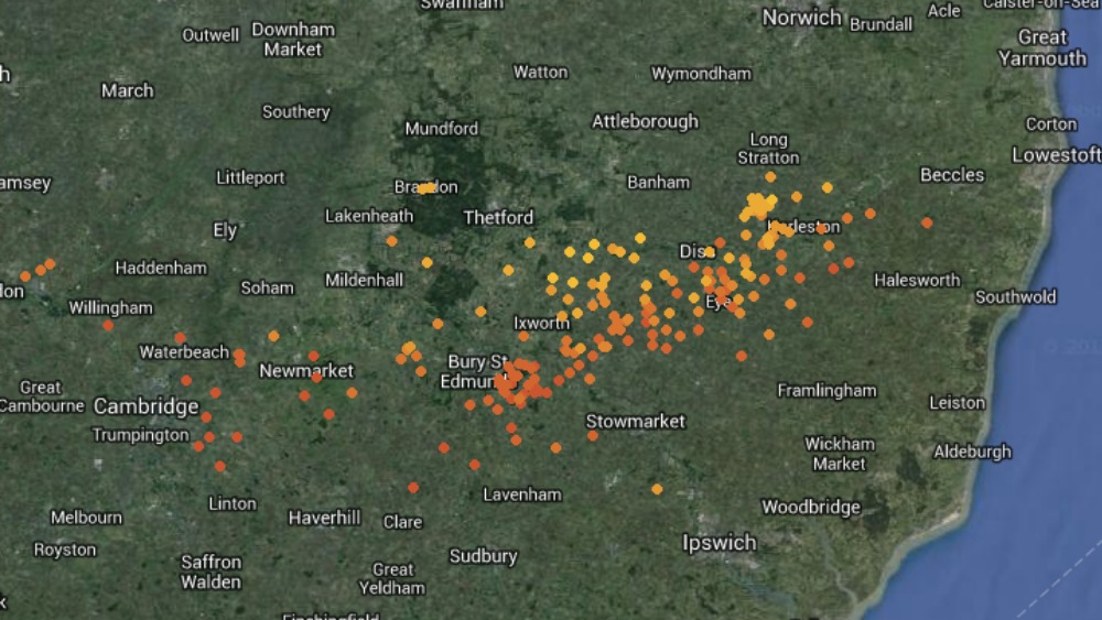 Map of lightning strikes in Suffolk and Norfolk Anglia ITV News