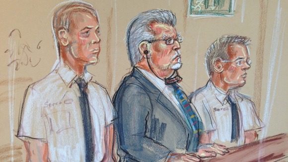 Court sketch of Rolf Harris in the dock earlier today.