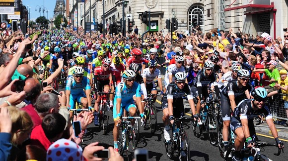 Mark Cavendish (front) lead the Grand Depart at the ceremonial start of The Tour De France 2014.