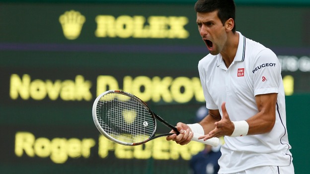 Novak Djokovic reacts after his match again Roger Federer.