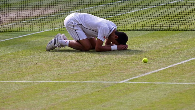 Djokovic fell to his knees when he realised he had won his second Wimbledon title.