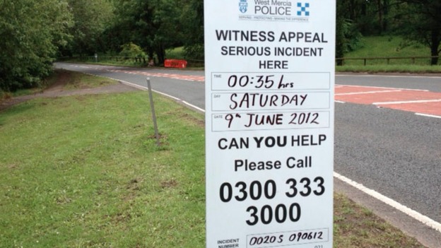 Police sign at the scene of the crash in Pershore in which three people died