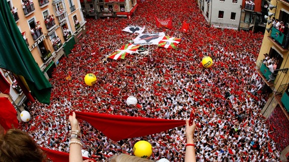 Thousands celebrating the start of the festival in Pamplona on Sunday.