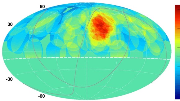 This map, created by the University of Tokyo Institute for Cosmic Ray Research, shows where the "hot spot" is in the northern sky.