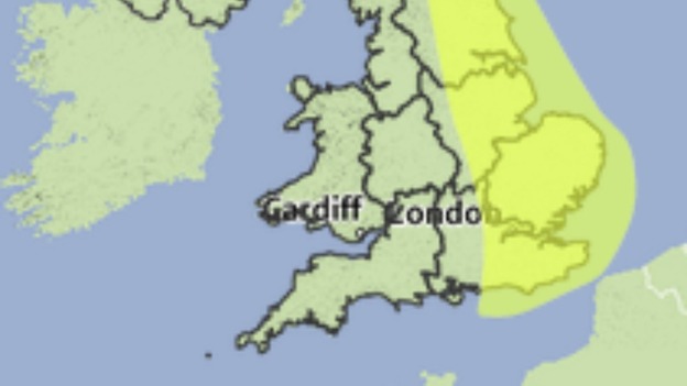 Area covered by a Met Office yellow weather warning for heavy rain.