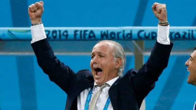 Argentina's coach Alejandro Sabella celebrates as his team goes through to the World Cup final.