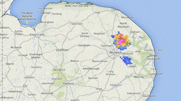Rainfall radar was picking up one heavy shower to the north east of Norwich at 6.05pm.