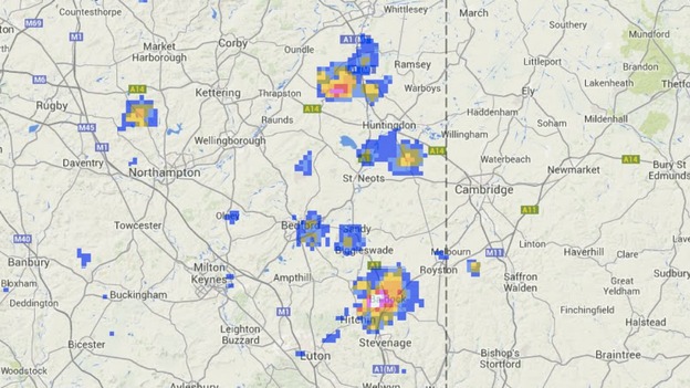 Rainfall radar is picking up clusters of heavy showers north of Stevenage and around Huntingdon.