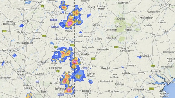 Rainfall radar at 7.05pm showing a cluster of heavy showers between Peterborough and Stevenage.