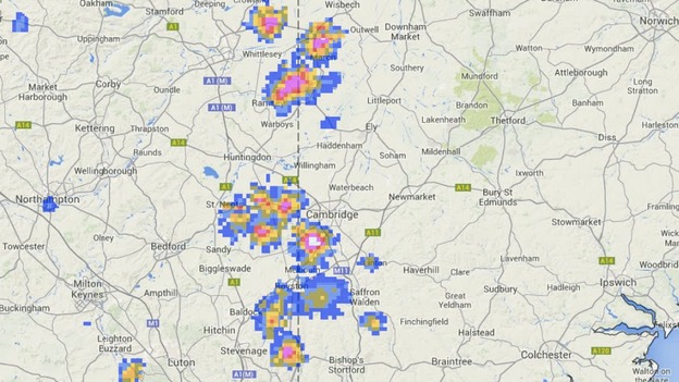 Rainfall radar update at 7.15pm showing the downpours to the west and south of Cambridge and around Peterborough.