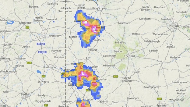 Thundery showers on the border of Cambridgeshire and Norfolk and Suffolk at 8.15pm.