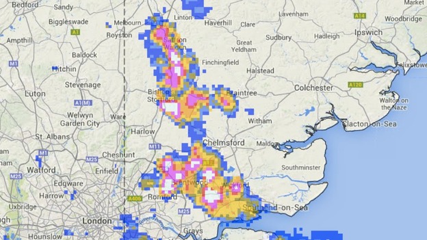 Heavy thundery showers on the rainfall radar in Essex at 8.10pm on Saturday.
