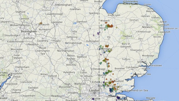 The crosses indicate lightning strikes recorded between 7.20 and 8.20pm on Saturday.