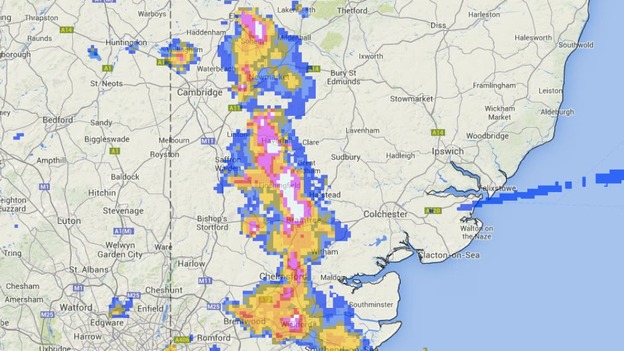 Rainfall radar at 8.50pm showing downpours in Essex and Suffolk. White areas indicated rain rates of 32mm/hour.