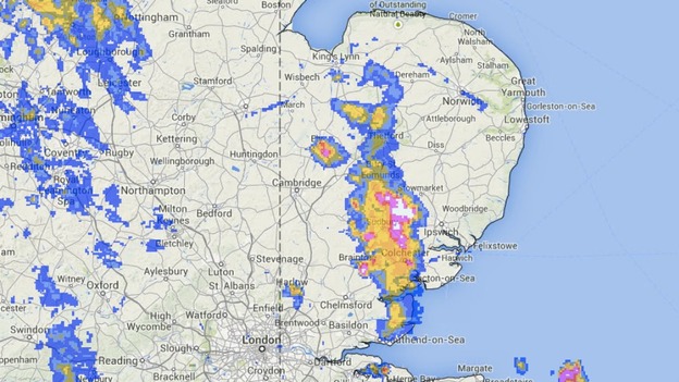 Rainfall radar at 9.55pm showing the line of thunderstorms through Norfolk, Suffolk and Essex.