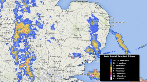 A second band of heavy showers is moving into the west of the Anglia region.