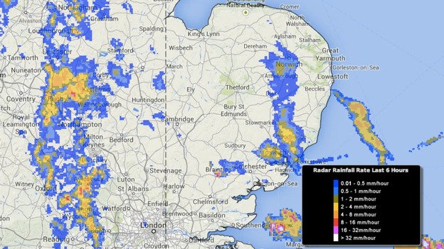 A second band of heavy showers is moving into the west of the Anglia region.