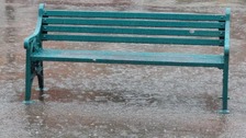 green bench in the rain