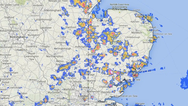 The rainfall radar at 12.45pm on Sunday shows more heavy showers across the Anglia region.