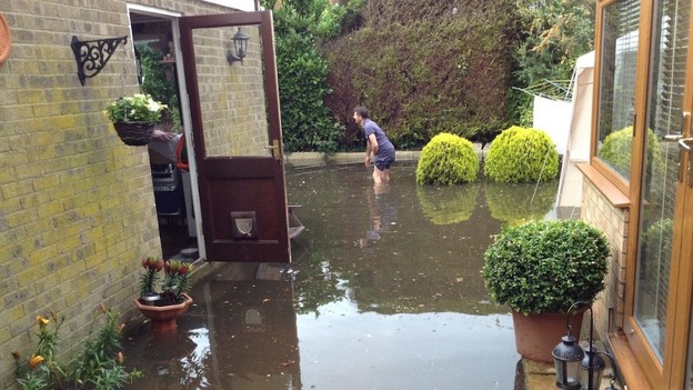 Flooded gardens at Ormesby in Norfolk