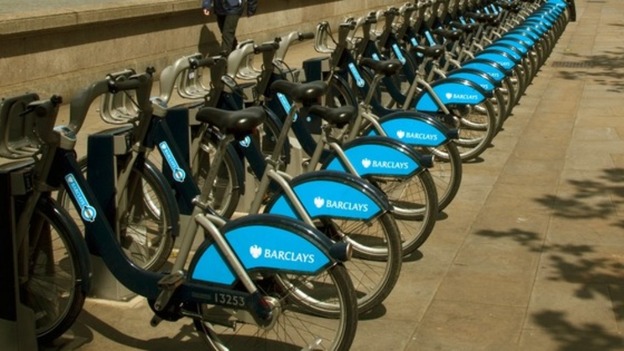 'Boris bikes' parked at a station in central London.