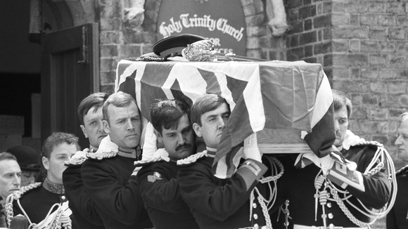 The coffin of Hyde Park bombing victim Lt Anthony Daly leaves Windsor's Holy Trinity Church.