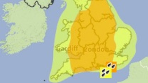 Areas covered by amber and yellow weather warnings for heavy rain on Saturday.