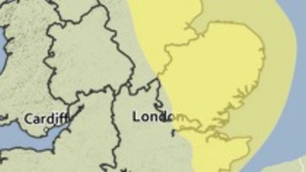 Area affected by the Met Office yellow weather warning for thunderstorms.