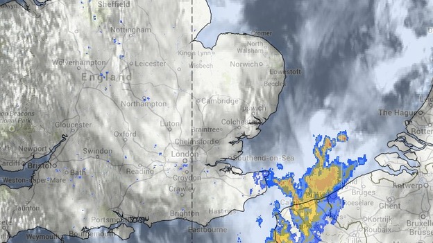 Satellite and rainfall radar image taken at 11.30am on Sunday 20 July 2014.