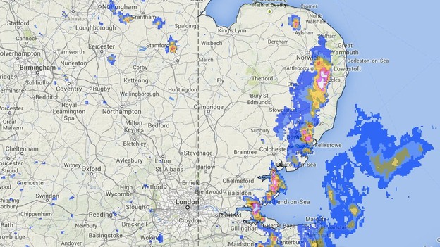 Met Office rainfall radar image taken at 2.15pm showing a line of thunderstorms in east Norfolk, east Suffolk and east Essex.