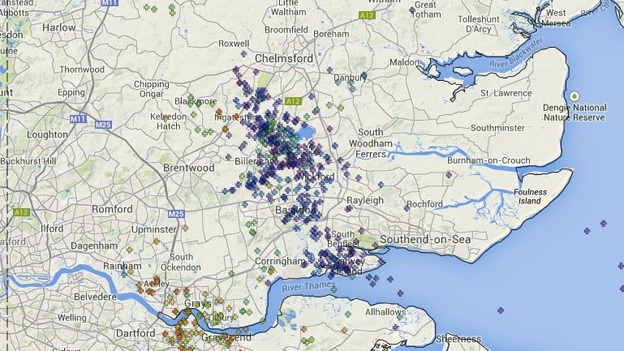 Lightning strikes in Essex in the hours to 4.35pm on Sunday 20 July 2014.