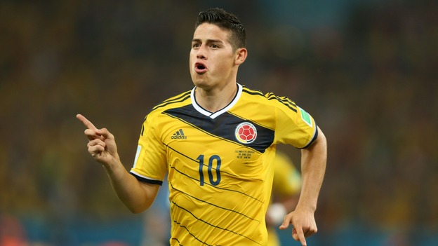 Rodriguez celebrates scoring for Colombia during the World Cup.