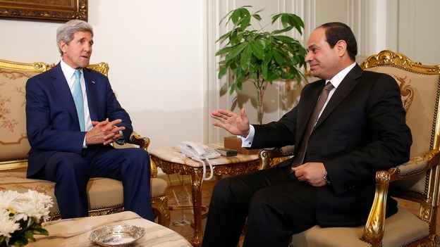 US Secretary of State John Kerry speaks with Egyptian President Abdel Fattah al-Sisi in Cairo.