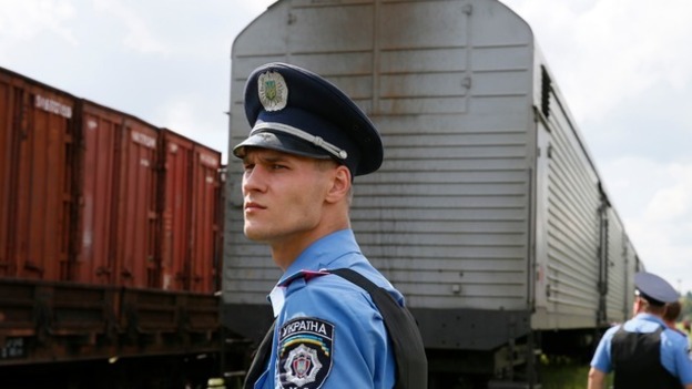 The train carrying victims from MH17 arrives at Kharkiv, Ukraine.