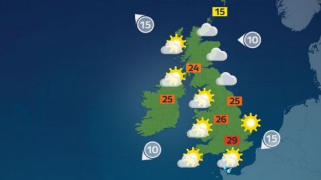 Largely fine and very warm. Isolated thunderstorms in the south.