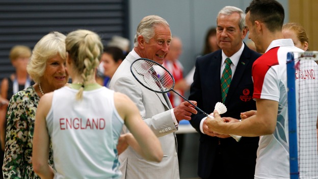 Prince Charles and Camilla, Duchess of Cornwall, with members of the England badminton team during a visit to the Commonwealth Arena and Velodrome in Glasgow.