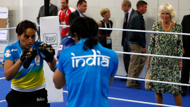Camilla, Duchess of Cornwall, watches members of India's boxing team during a training session.