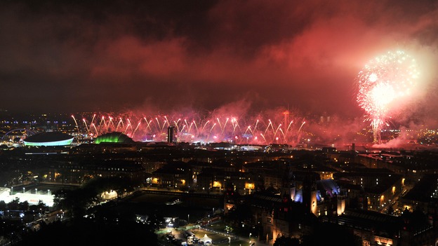 Fireworks erupt over the Celtic Park in Glasgow as the Commonwealth Games get underway.