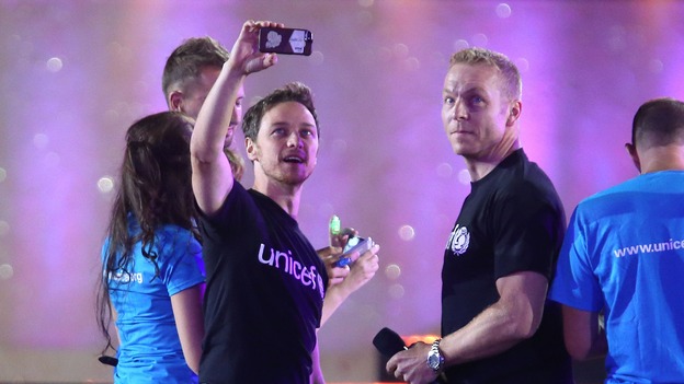 James McAvoy and Sir Chris Hoy at Celtic Park in Glasgow.