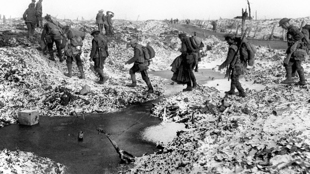 British soldiers negotiate the Winter landscape along the River Somme in late 1916 after the close of the Allied offensive.